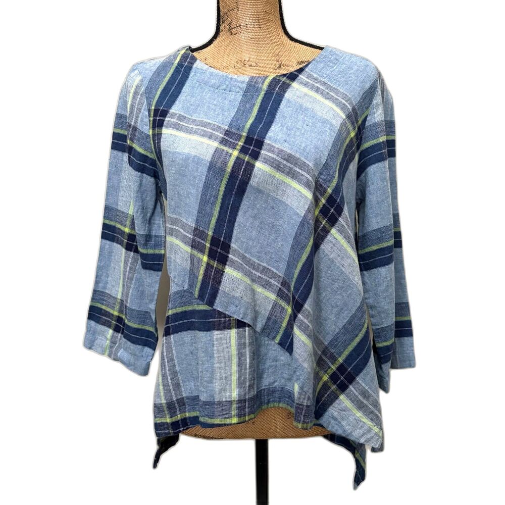 Habitat Linen Plaid Blouse Asymmetric Two Tone Blue Lagenlook Artsy Size Small